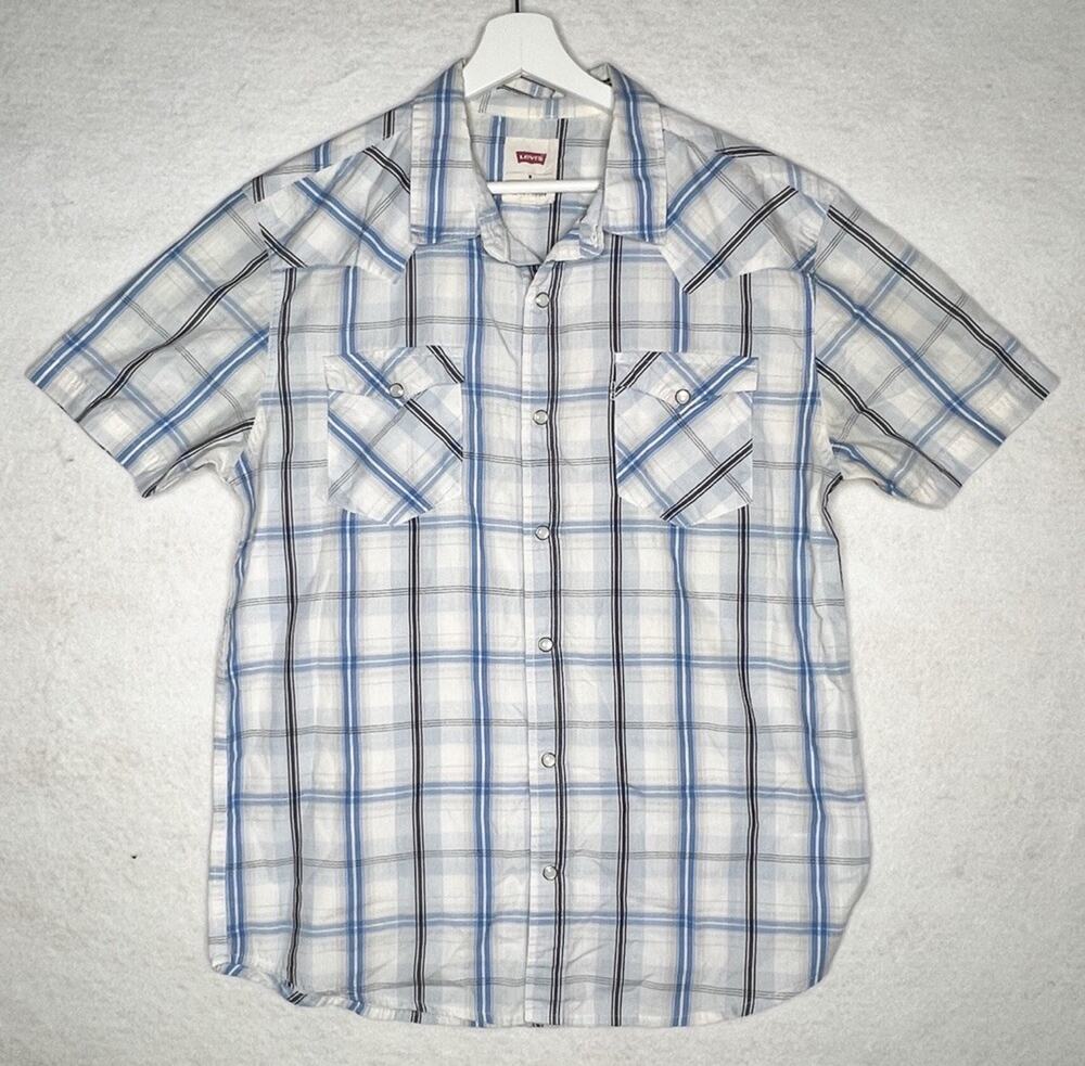 Levis Pearl Snap Plaid Short Sleeve Cotton Twill Shirt M Blue Black White